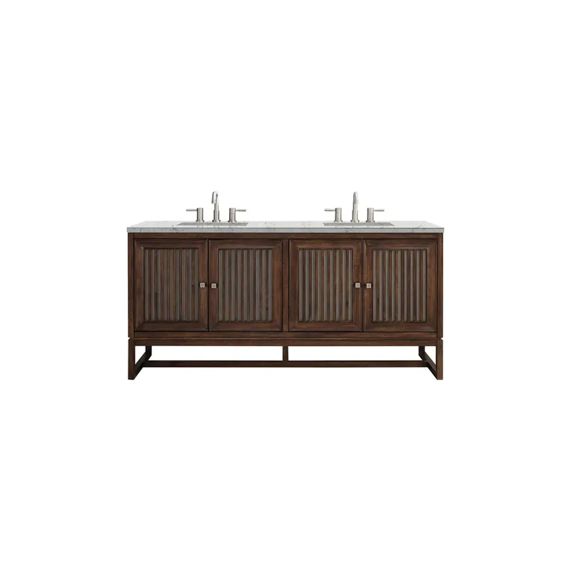 James Martin Vanities Athens 72" Mid Century Acacia Double Vanity Cabinet With 3 cm Eternal Jasmine Pearl Quartz Top Bargain