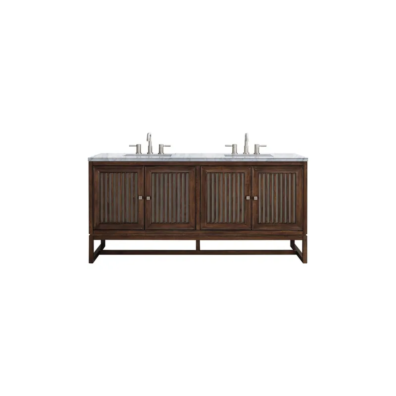 James Martin Vanities Athens 72" Mid Century Acacia Double Vanity Cabinet With 3 cm Carrara White Top Price Cut