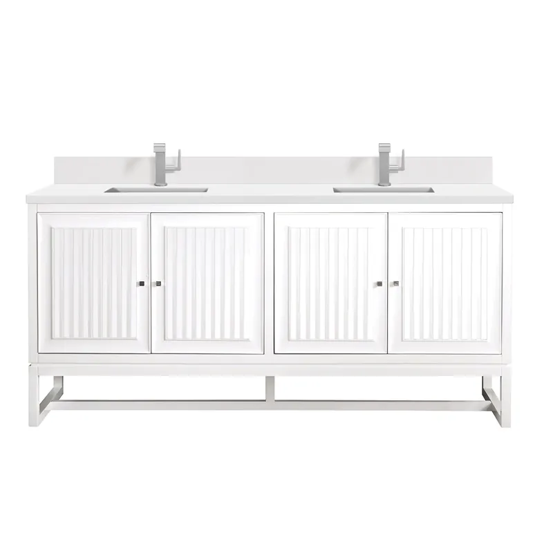 Weekend Sale James Martin Vanities Athens 72" Glossy White Double Vanity With Single Hole 3 cm White Zeus Quartz Top & Backsplash