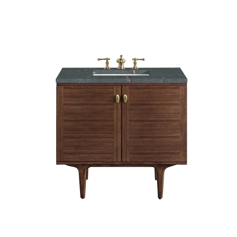 James Martin Vanities Amberly 36" Mid-Century Walnut Single Vanity With 3 cm Parisien Bleu Top Direct From Manufacturer