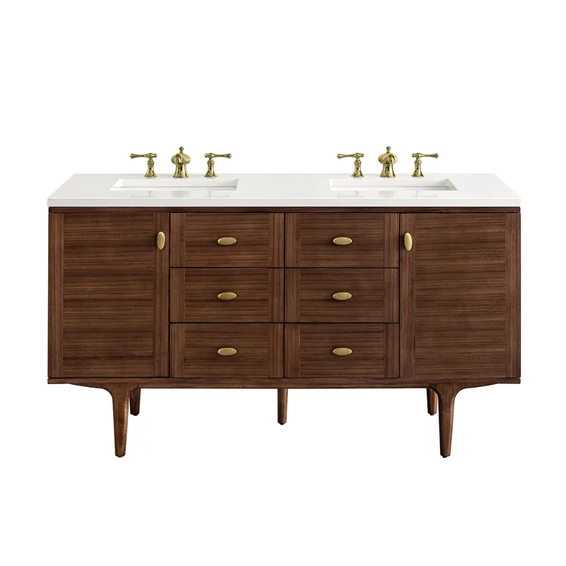 James Martin Vanities Amberly 60" Mid-Century Walnut Double Vanity With 3 cm White Zeus Top Exclusive