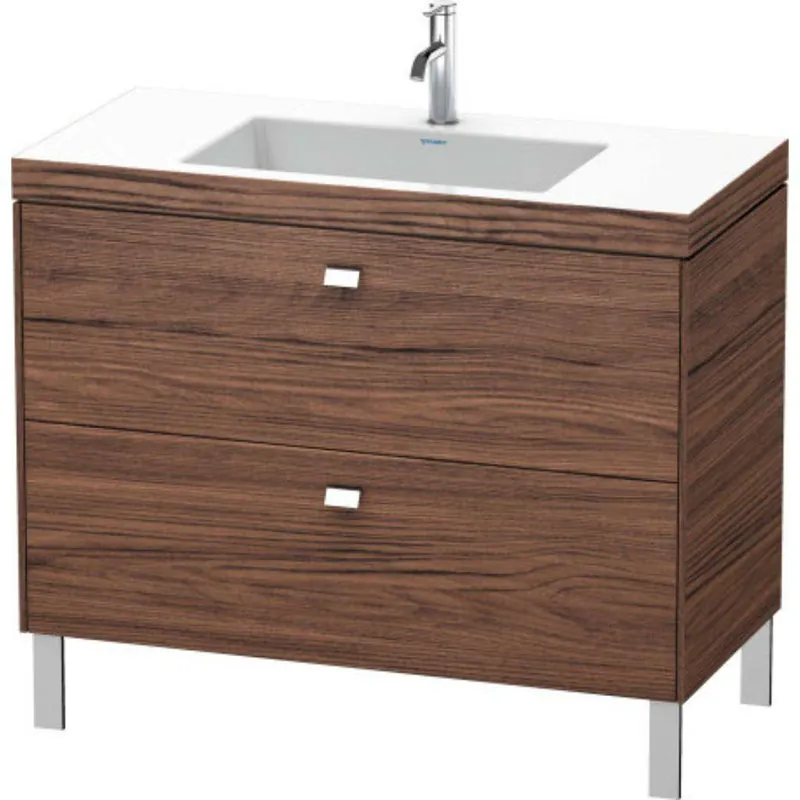 Duravit Brioso 39" x 28" x 19" Two Drawer C-Bonded Floor Standing Vanity Kit With One Tap Hole in Walnut Dark and Chrome Handle Free Returns