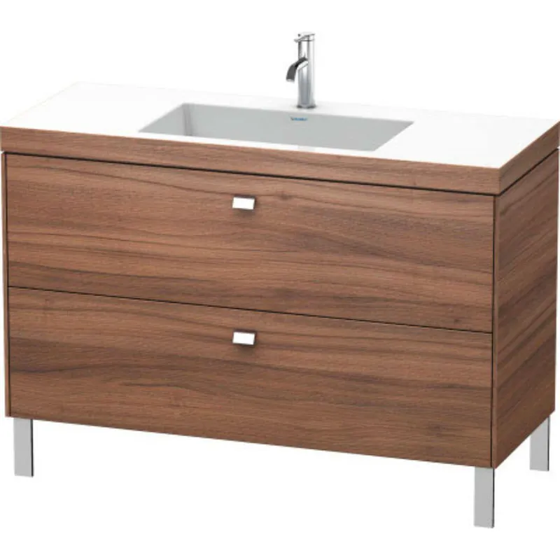 Factory Price Duravit Brioso 47" x 28" x 19" Two Drawer C-Bonded Floor Standing Vanity Kit With One Tap Hole in Natural Walnut and Chrome Handle