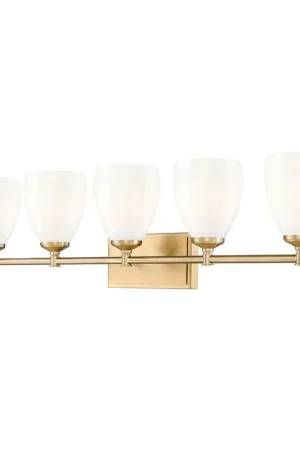 Markdown Z-Lite Oren 5-Light Medium Bulb Base Modern Gold Steel Frame Matte Opal Glass Shade Vanity Light