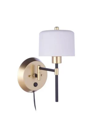 Sale Craftmade Wentworth 7" x 13" 1-Light Flat Black and Sunset Gold Plug-in Swing-Arm Wall Sconce With White Frosted Glass Shade