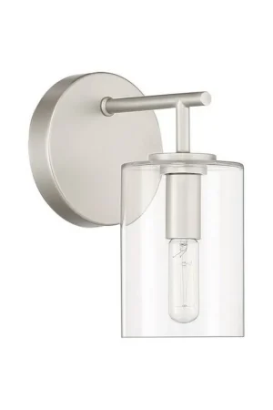 Certified Craftmade Hailie 5" x 9" 1-Light Satin Nickel Wall Sconce With Clear Glass Cylinder Shade