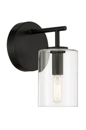 Exclusive Craftmade Hailie 5" x 9" 1-Light Flat Black Wall Sconce With Clear Glass Cylinder Shade