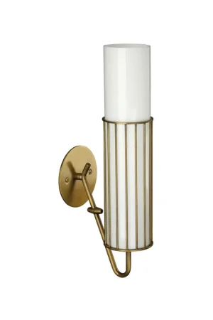 Time-Limited Jamie Young Torino 4" x 17" 1-Light Cylinder Antique Brass Wall Sconce With Metal Wire Frame and White Glass Shade