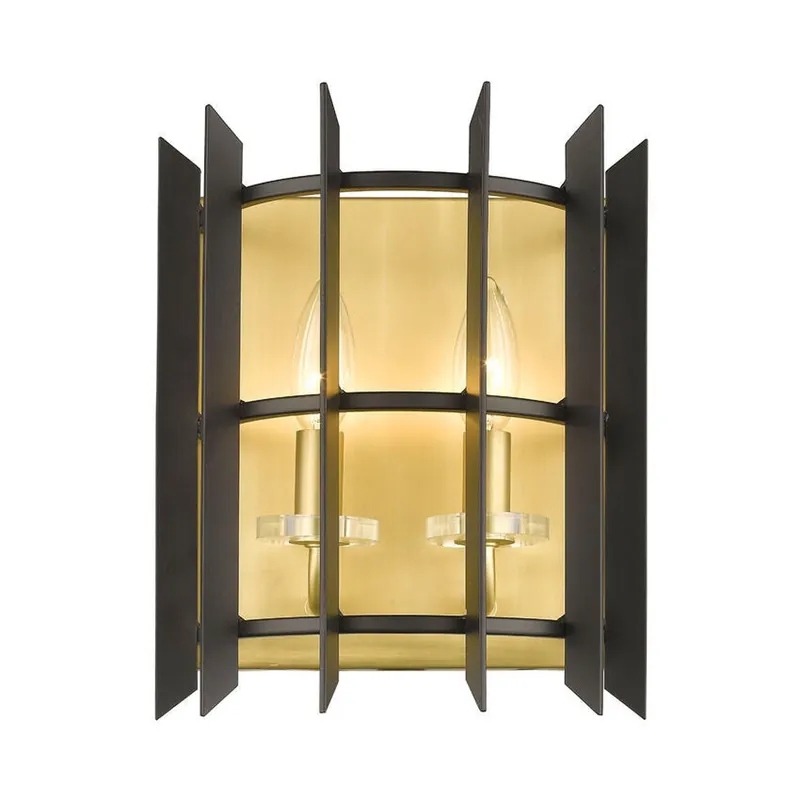 Secure Checkout Z-Lite Haake 5" 2-Light Satin Brass Wall Sconce With Matte Black Shade