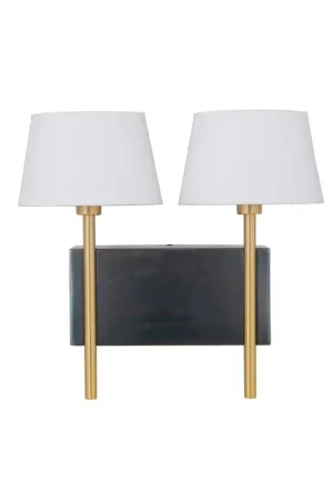 Handmade Craftmade Parker 16" x 15" 2-Light Fired Steel and Satin Brass Wall Sconce With White Linen Fabric Shade