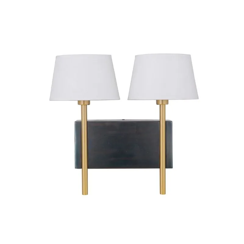 Handmade Craftmade Parker 16" x 15" 2-Light Fired Steel and Satin Brass Wall Sconce With White Linen Fabric Shade