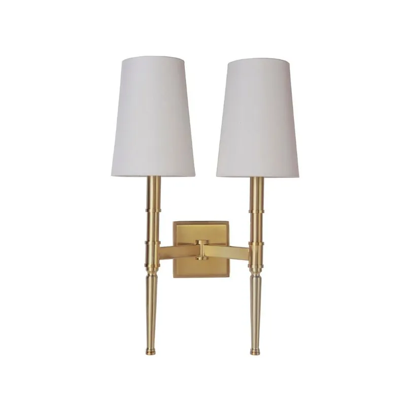 Handmade Craftmade Ella 13" x 20" 2-Light Satin Brass Wall Sconce With White Linen Shade
