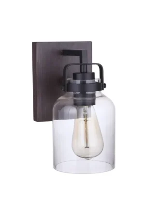 Viral Craftmade Foxwood 5" x 10" 1-Light Flat Black and Dark Teak Wall Sconce With Clear Glass Shade