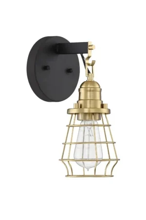 Money Back Guarantee Craftmade Thatcher 6" x 11" 1-Light Flat Black Wall Sconce With Satin Brass Metal Wire Shade