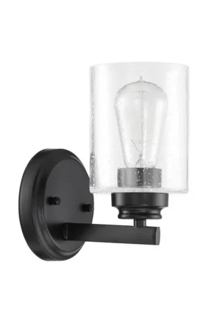 Final Sale Craftmade Bolden 5" x 9" 1-Light Flat Black Wall Sconce With Clear Seeded Glass Shade