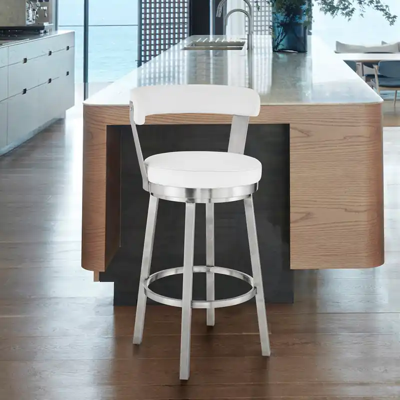 Price Drop 30" Chic White Faux Leather with Stainless Steel Finish Swivel Bar Sto