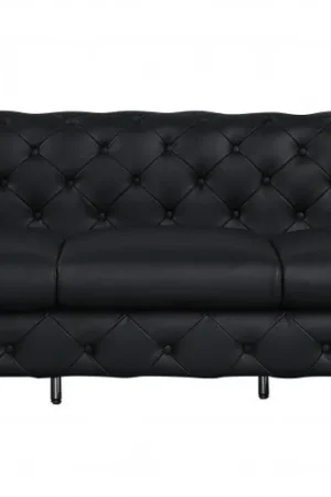 Flash Sale 93" Black Genuine Tufted Leather and Chrome Standard Sofa By Homeroots