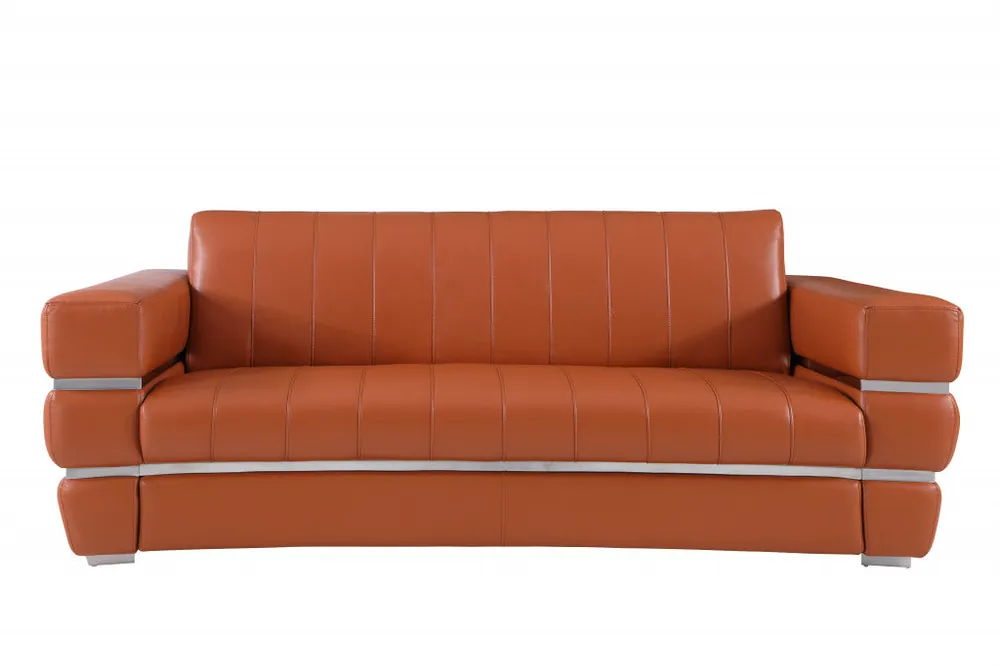 89" Camel Brown Chrome Accents Genuine Leather Standard Sofa By Homero Wholesale