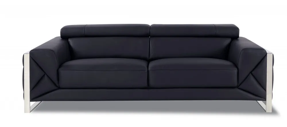Latest 89" Black and Chrome Genuine Leather Standard Sofa By Homeroots