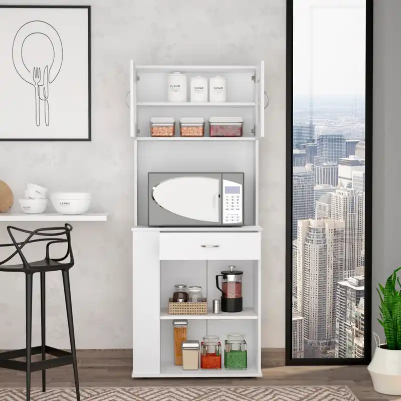 White Pantry Cabinet with Two Door Panels and Side Open Shelves By Hom Viral