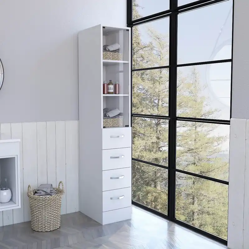 Best Price White Bathroom Storage Cabinet with Glass Door and Sliding Drawers By