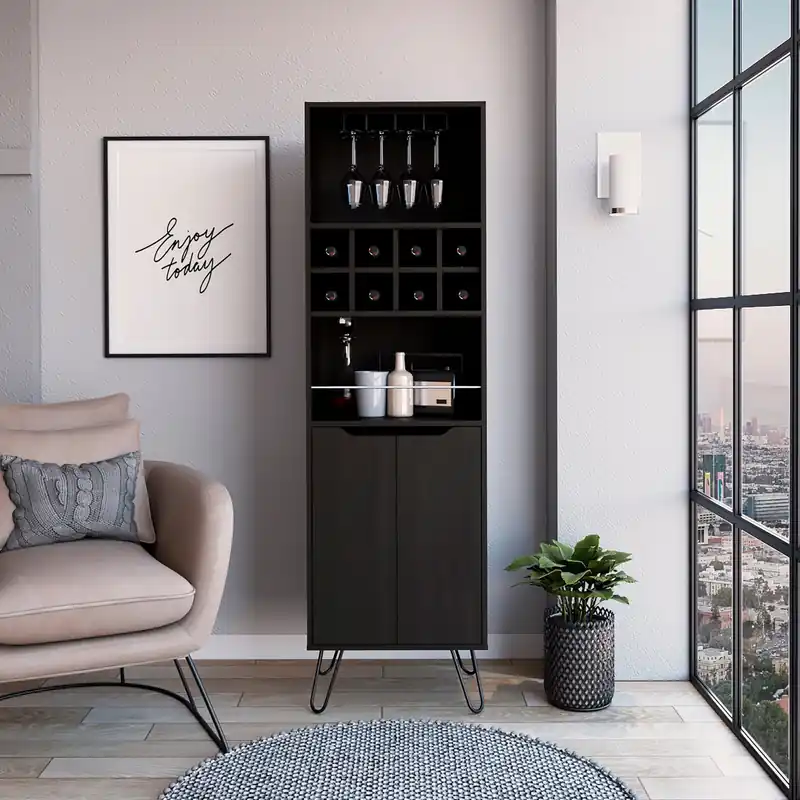 Black Tall Bar Cabinet with Two Door Panels and Top Wine Glass Rack By Big Sale