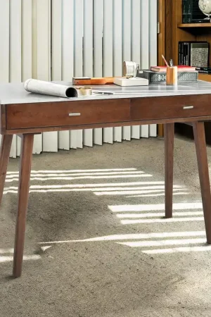 Viola 44" Rectangular White Marble Writing Desk with Walnut Legs, TBC- Hassle-Free Returns