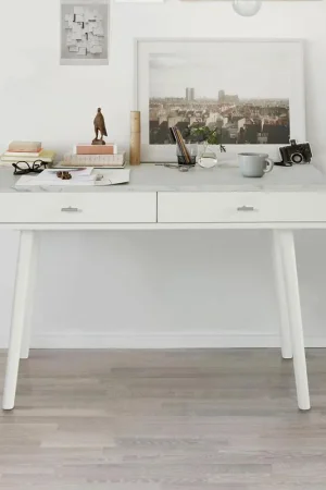 Mega Sale Viola 44" Rectangular White Marble Writing Desk with White Legs, TBC-4