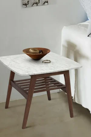 Cassoro 24" Square Italian Carrara White Marble Side Table with Walnut Worldwide Shipping