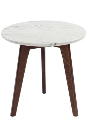 Cherie 15" Round Italian Carrara White Marble Side Table with Walnut L Grab Now