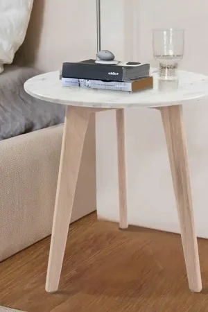 Fan Favorite Cherie 15" Round Italian Carrara White Marble Side Table with Oak Legs