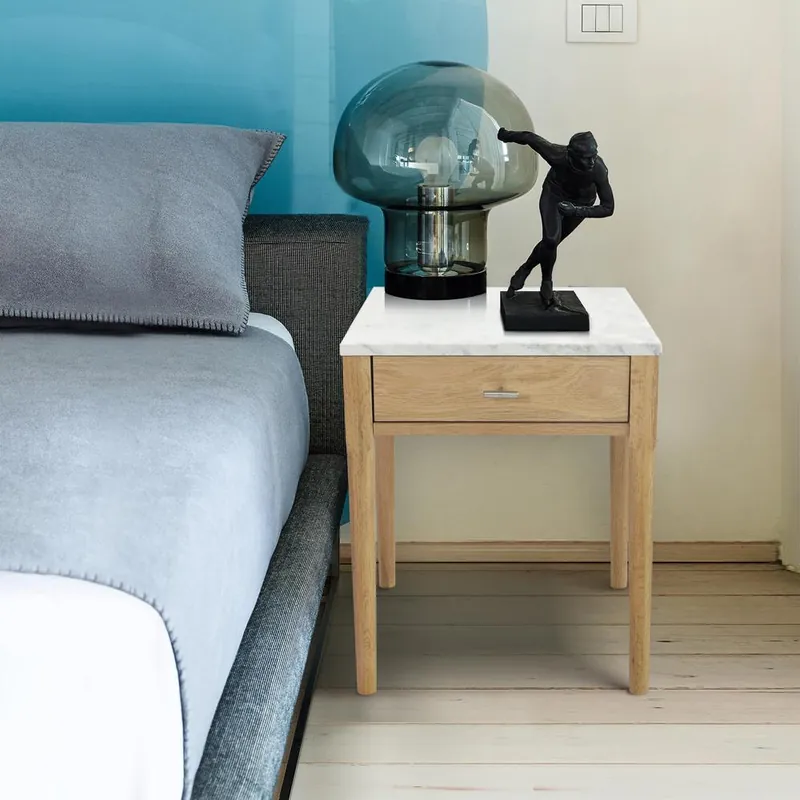 Big Sale Alto 18" Square Italian Carrara White Marble Side Table with Oak Legs