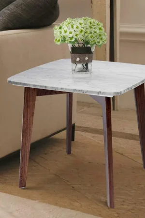 Gavia 19.5" Square Italian Carrara White Marble Side Table with Walnut Budget