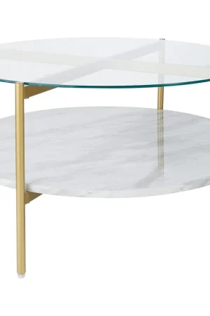 Glass Top Cocktail Table With Faux Marble Bottom Shelf, Clear And Gold Worldwide Shipping