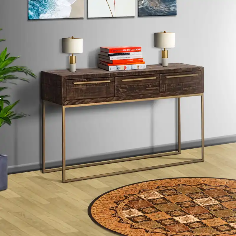 Wooden Sofa Table With 3 Storage Drawers And Metal Base, Brown And Gol Brand New