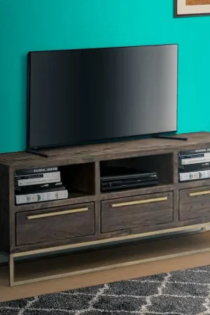 3 Drawer Tv Console With Sled Base And 3 Open Compartments, Brown And Shop Now