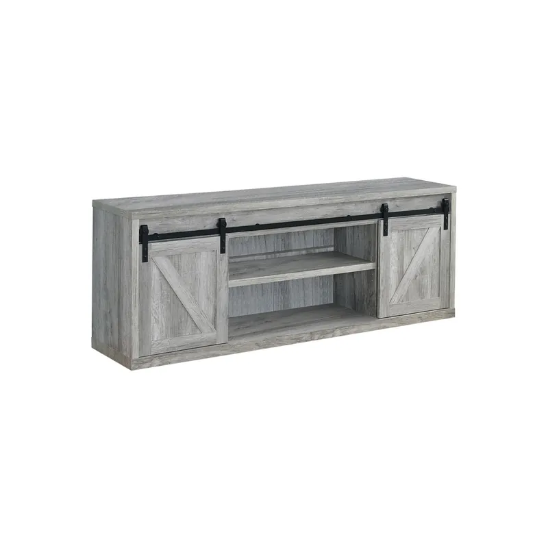 No Minimum Order 71 Inch Farmhouse Wooden Tv Console With 2 Sliding Barn Doors, Gray By