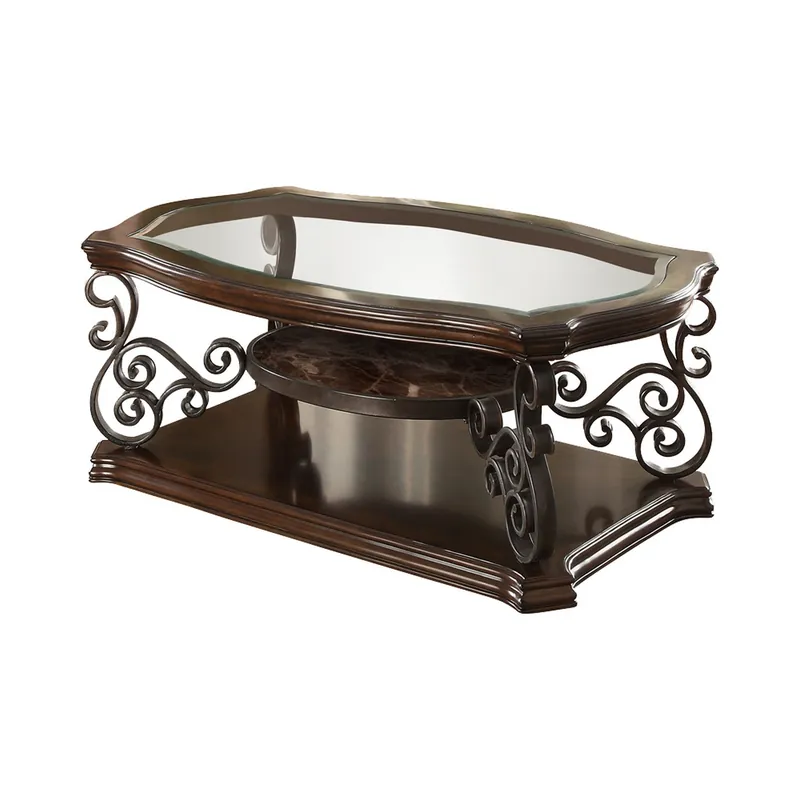 Final Sale Tempered Glass Top Wooden Coffee Table With Ornate Metal Scrollwork, B