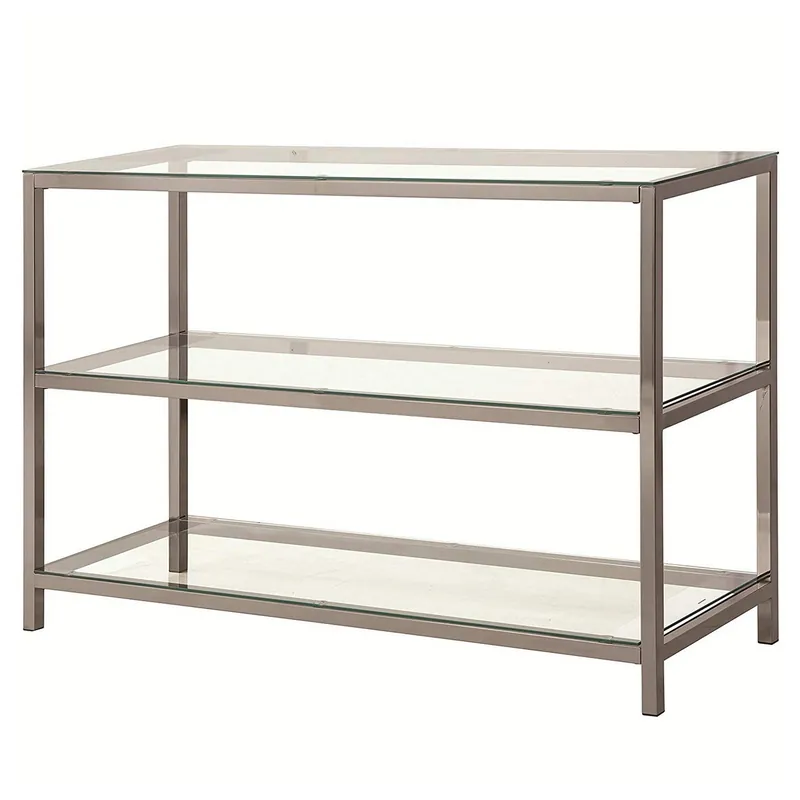 Glass And Metal Frame Sofa Table With 2 Open Shelves, Silver And Clear Free Returns