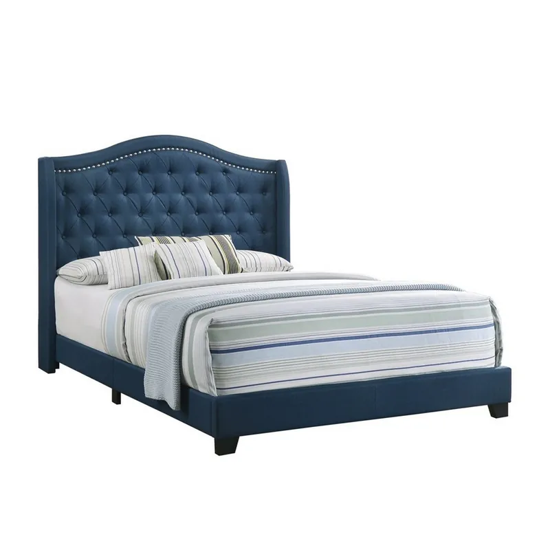Fabric Upholstered Wooden Demi Wing Full Bed With Camelback Headboard, Must Have