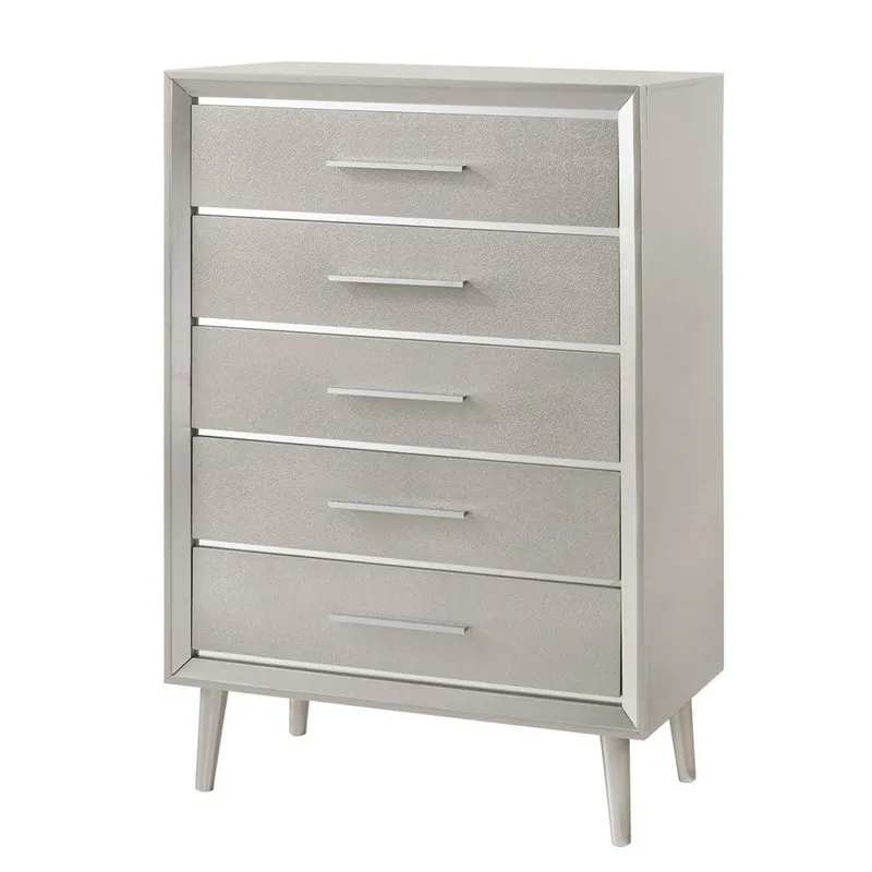 5 Drawer Contemporary Chest With Bar Handles And Splayed Legs, Silver Worldwide Shipping