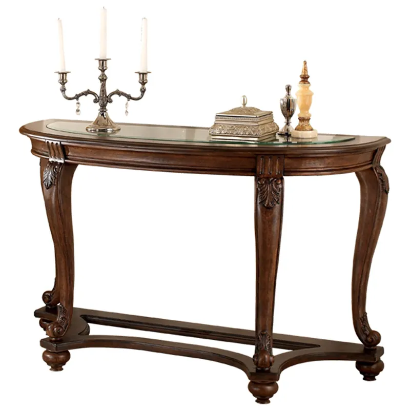 Special Discount Halfmoon Shape Wooden Sofa Table With Glass Inserted Top, Brown By Ben