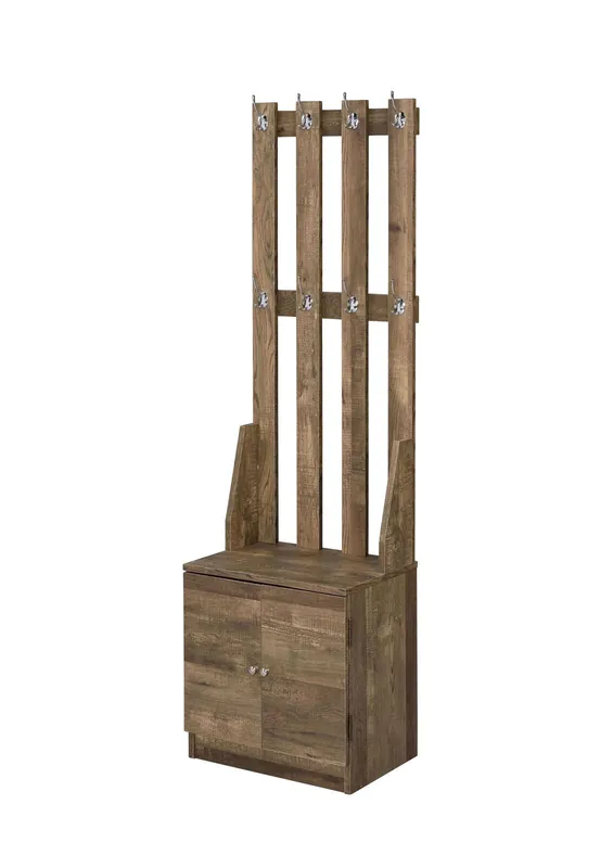 Wooden Hall Tree With 8 Hooks And Bottom Compartment, Weathered Brown Certified