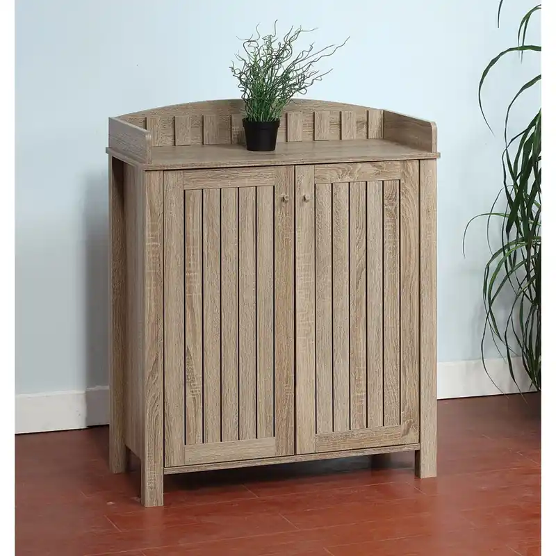 Best Choice Slatted Pattern Shoe Cabinet With Molded Top, Brown By Benzara