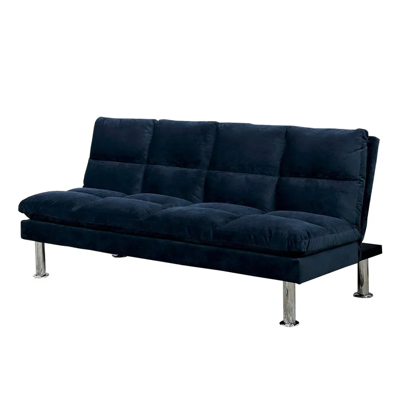 Futon Sofa With Tufted Padded Seating And Metal Legs Blue By Benzara Fresh Stock