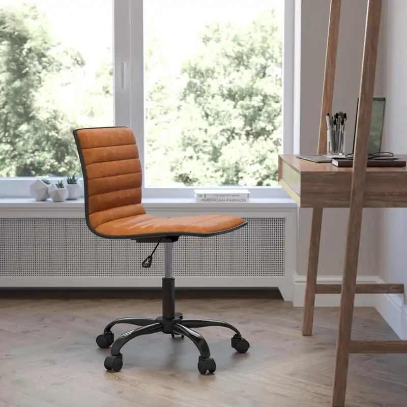 Low Back Designer Armless Brown Ribbed Swivel Task Office Chair With Black Frame And Base By Flash Furniture - Brown Vinyl , Black Frame Luxury