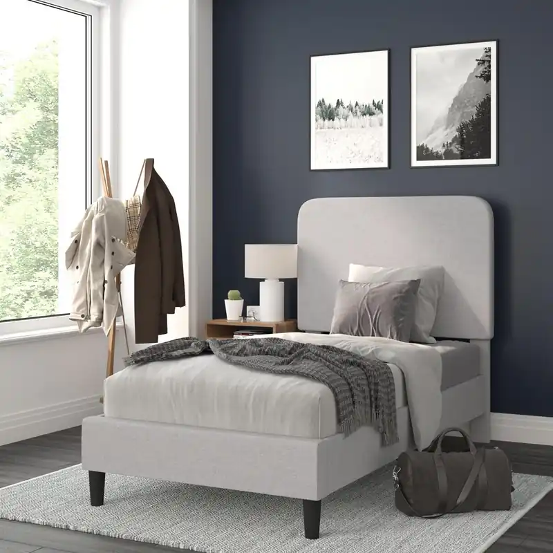 Addison Light Grey Twin Fabric Upholstered Platform Bed - Headboard With Rounded Edges - No Box Spring Or Foundation Needed By Flash Furniture - Light Grey Last Chance