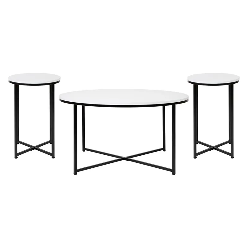 Hampstead Collection Coffee And End Table Set - White Laminate Top With Matte Black Crisscross Frame, 3 Piece Table Set By Flash Furniture - White , Matte Black Buy Direct