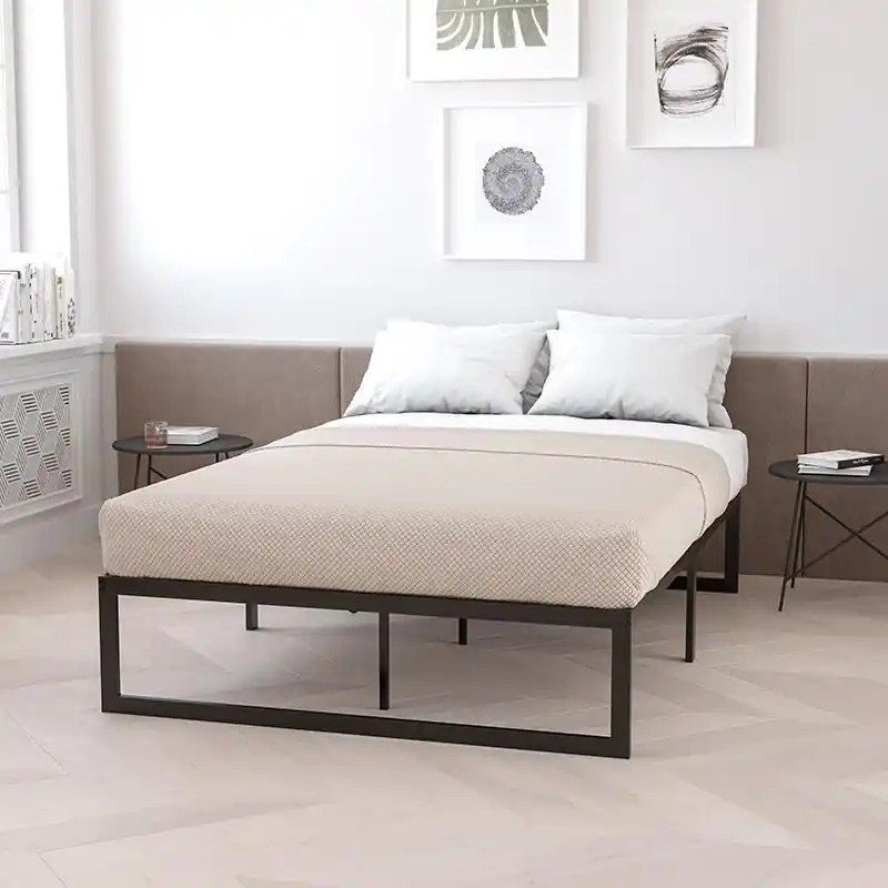 Clearance 14 Inch Metal Platform Bed Frame With 10 Inch Pocket Spring Mattress In A Box (No Box Spring Required) - King By Flash Furniture - Black