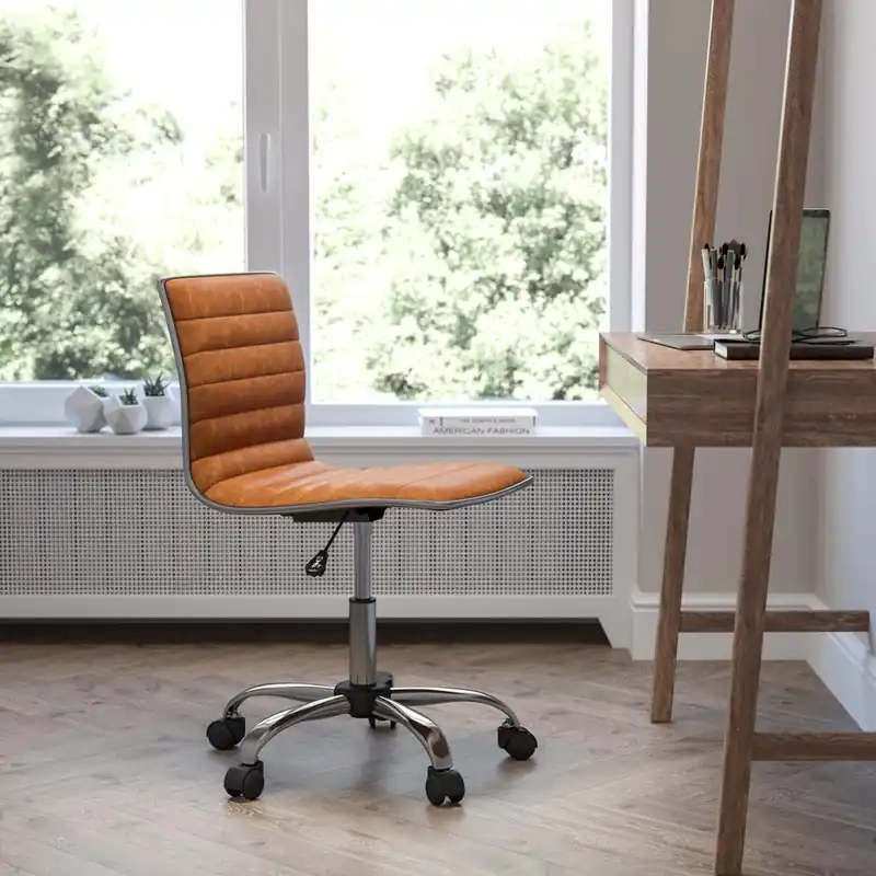 Low Back Designer Armless Brown Ribbed Swivel Task Office Chair By Flash Furniture - Brown Vinyl , Chrome Frame Place Order
